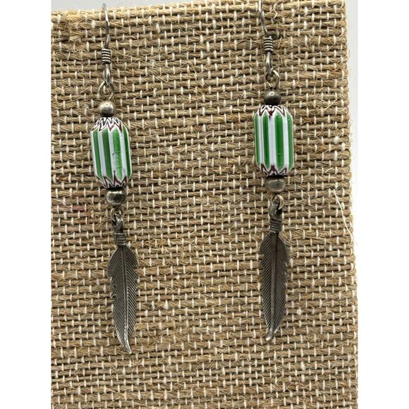 1970's Dangle Earrings with Silver Tone Feather and Bead - Picture 3 of 7